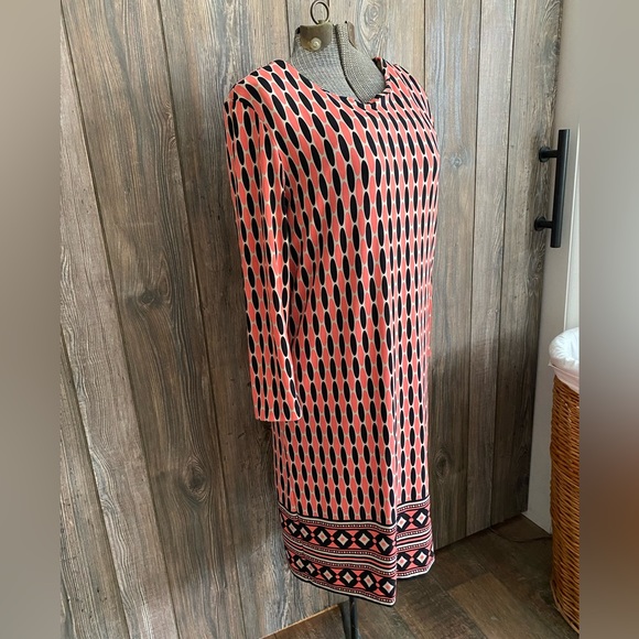 Michael Kors size medium dress, geometric print salmon, black & tan, 3/4 sleeve - Picture 1 of 5